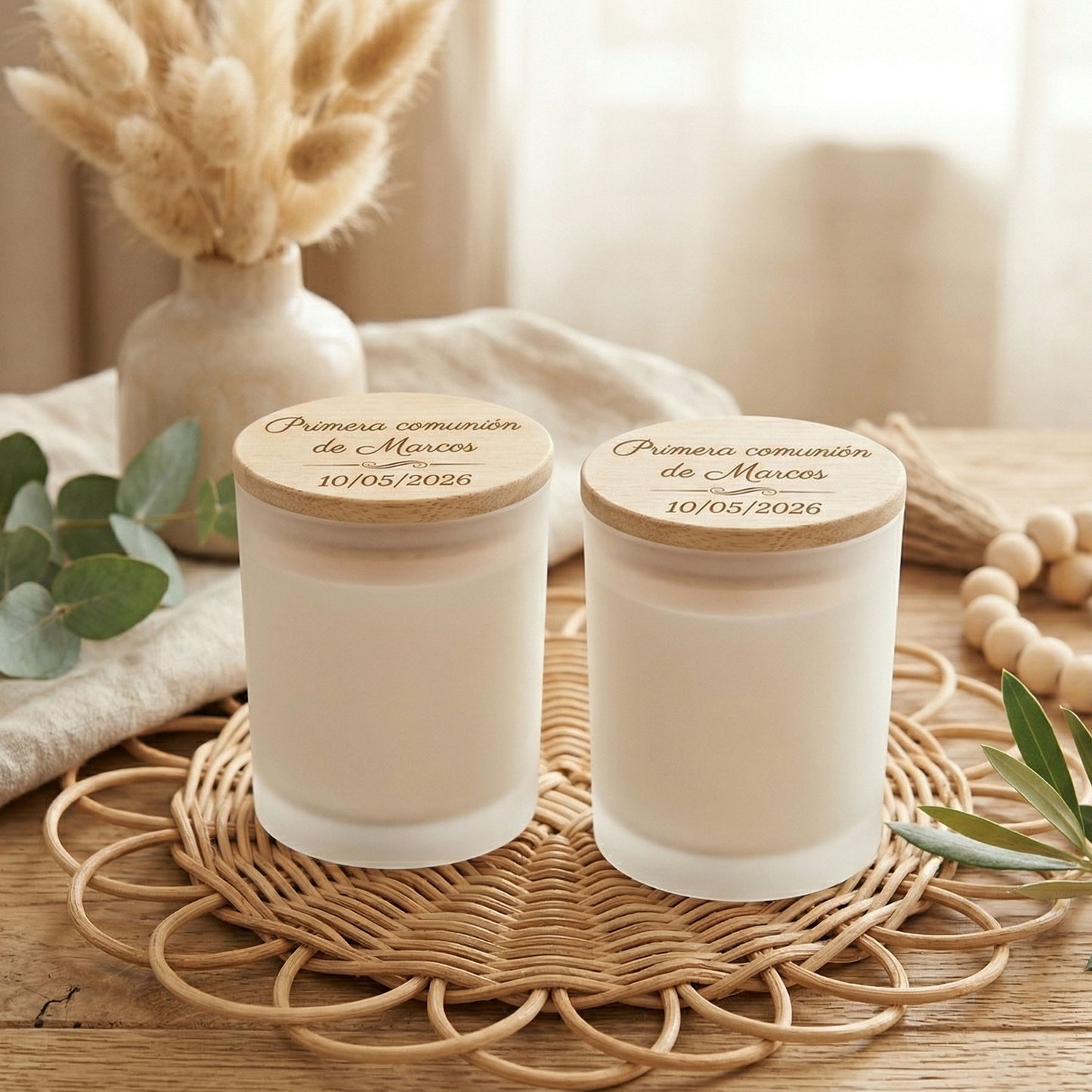 Vela personalizada para comunión con tapa de madera grabada – Detalle para invitados