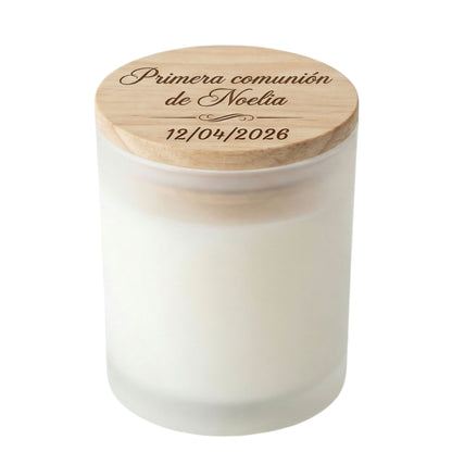 Vela personalizada para comunión con tapa de madera grabada – Detalle para invitados