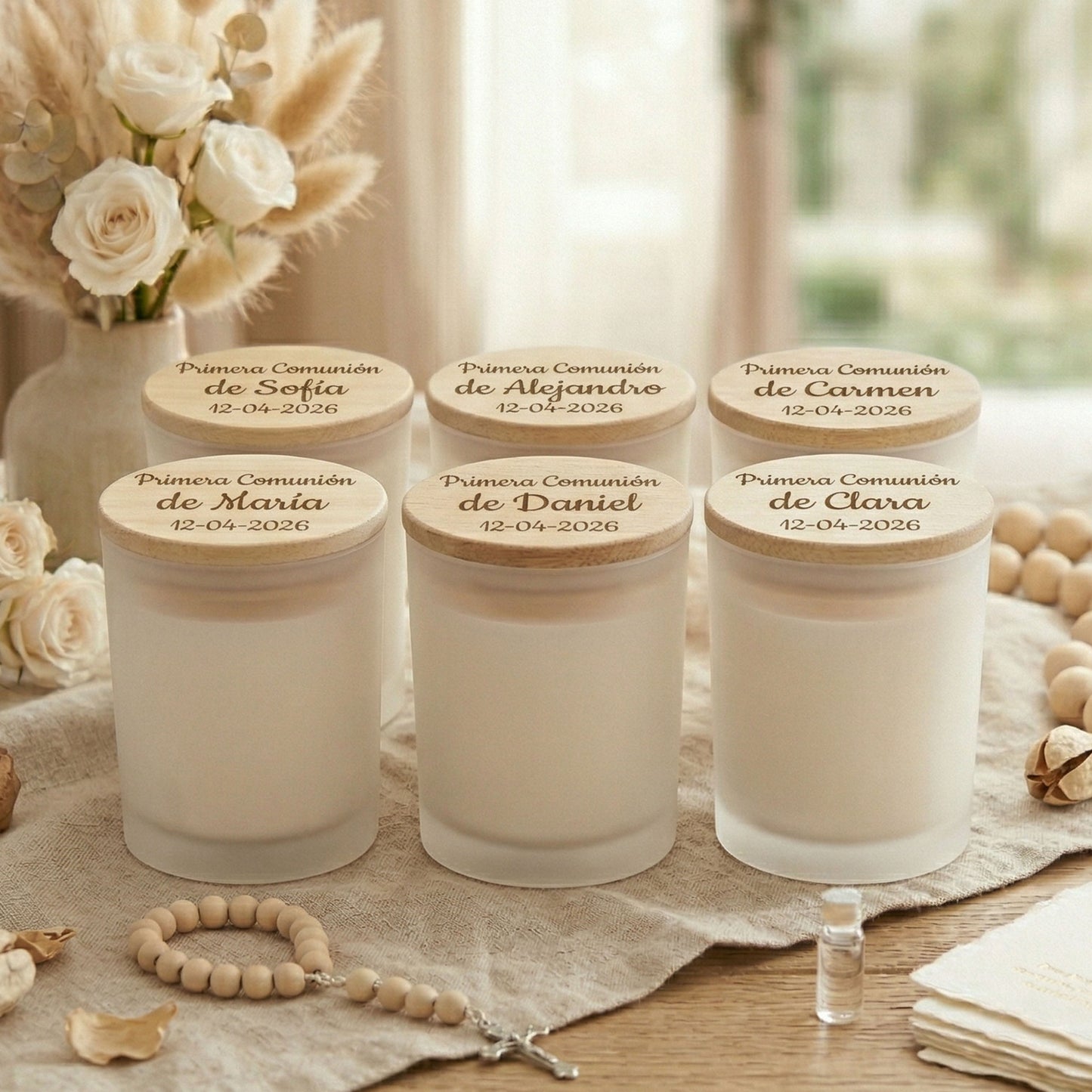 Vela personalizada para comunión con tapa de madera grabada – Detalle para invitados