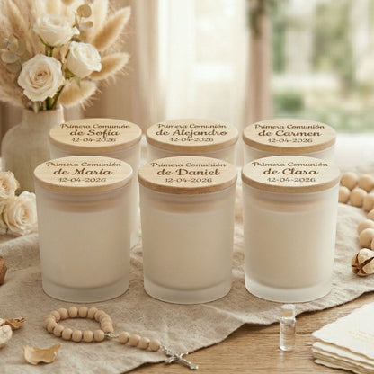 Vela personalizada para comunión con tapa de madera grabada – Detalle para invitados
