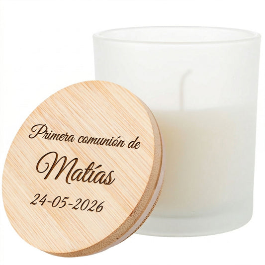 Vela personalizada para comunión con tapa de madera grabada – Detalle para invitados