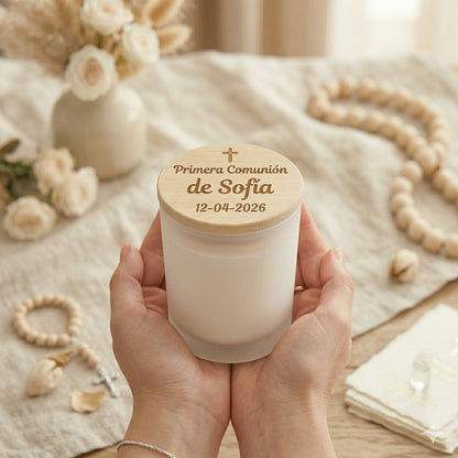 Vela personalizada para comunión con tapa de madera grabada – Detalle para invitados